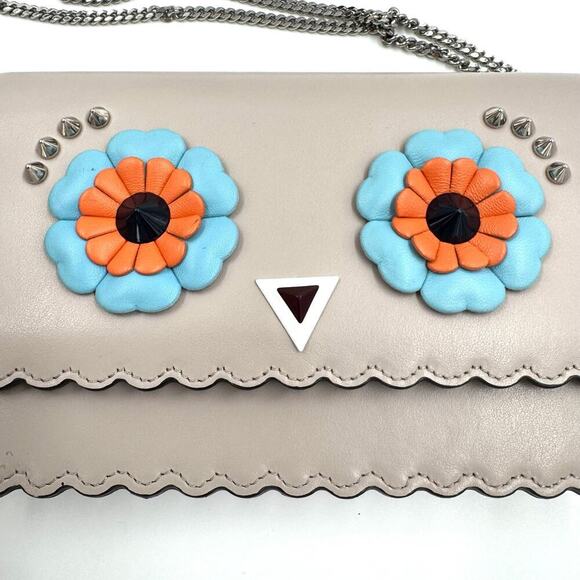 Fendi Beige Blue Orange Owl WOC Crossbody Bag SHW Scalloped Edges - Picture 6 of 14